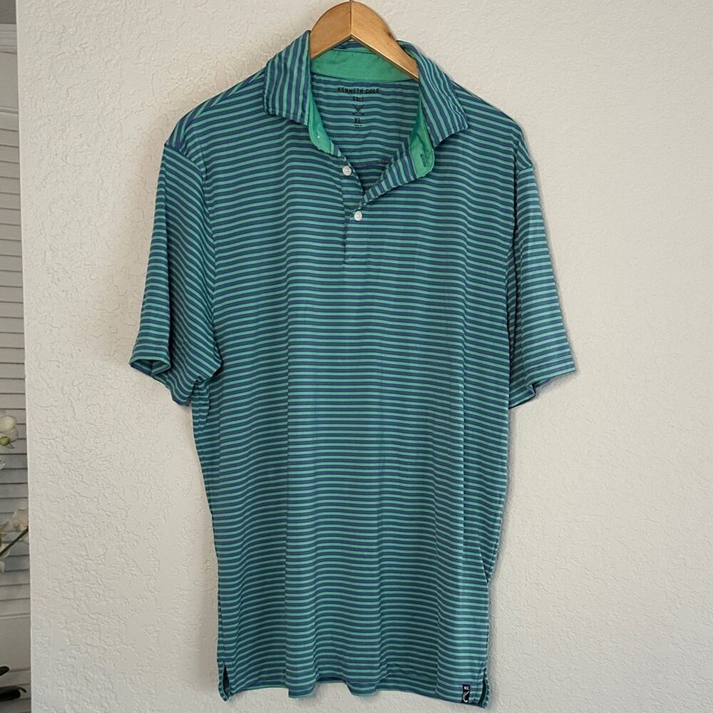 Kenneth Cole Golf Polo Shirt Green Blue Stripe Preppy Outdoor KC Logo Men's XL
